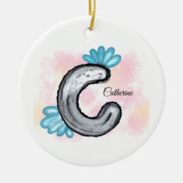 Ornamento De Cerâmica C Letra de Aquarela Floral Azul