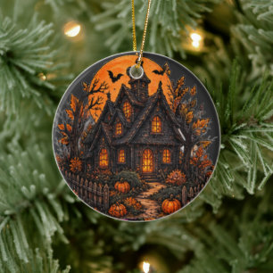 Ornamento De Cerâmica Cabana Assombrada Vintage Gótico Halloween Luar