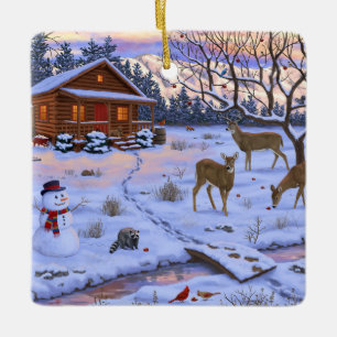 Ornamento De Cerâmica Cabana de Inverno Veado Na Neve Cena de Natal