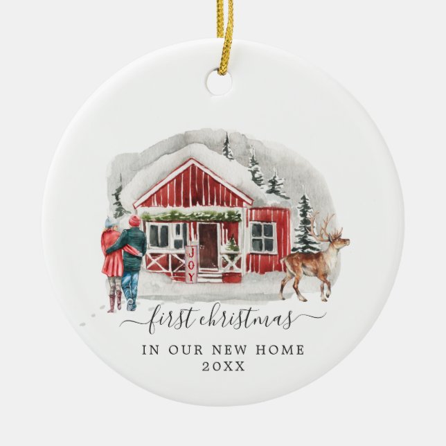 Ornamento De Cerâmica Cabana Rústica | Primeiro Natal Nova Casa (Frente)