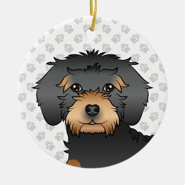 Ornamento De Cerâmica Cabeça de Cão Negro E Mini Goldendoodle (Frente)
