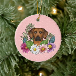 Ornamento De Cerâmica Cabeça de Cão Ridgeback da Rodésia Flores Colorida