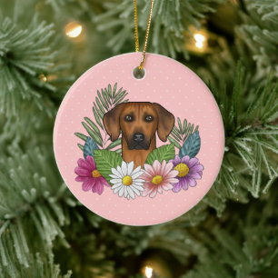 Ornamento De Cerâmica Cabeça de Cão Ridgeback da Rodésia Flores Colorida