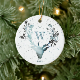 Ornamento De Cerâmica Cabeça de Veado de Inverno Azul Prata Monograma Na