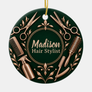 Ornamento De Cerâmica Cabeleireiro Personalizado Esmeralda Rose Gold