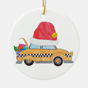 Ornamento De Cerâmica Cabina amarela de Natal com presentes