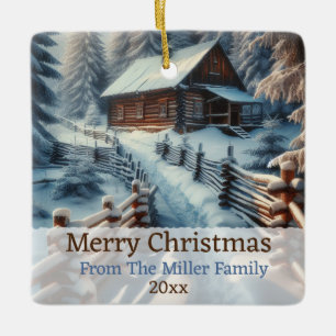 Ornamento De Cerâmica Cabine de Log de Inverno Personalizada em um Natal