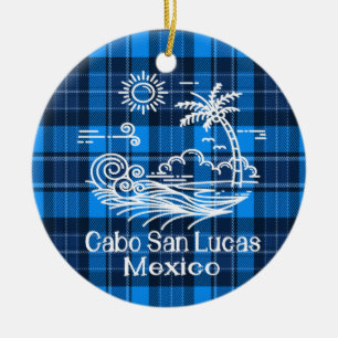 Ornamento De Cerâmica Cabo San Lucas México no Natal do Tartan Azul