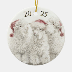 Ornamento De Cerâmica Cabra Angora Antiga Trio Chapéu de Papai Noel Nata