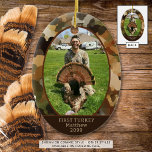 Ornamento De Cerâmica Caça à Camuflagem Uma Foto Personalizada<br><div class="desc">O ornamento oval de camuflagem russa personalizado com sua foto e texto personalizado. A amostra comemora o primeiro peru de um caçador, mas o texto é editável para suas necessidades. O design é duplicado no verso. Ideal para fotos ao ar livre como acampar, caminhar, etc. também. ALTERAÇÕES: O estilo, o...</div>