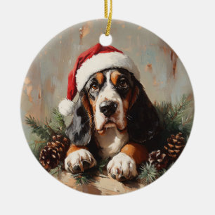 Ornamento De Cerâmica Caça-Basset numa Pintura a Óleo de Santa Hat