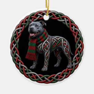 Ornamento De Cerâmica Cachecol Listrado de Natal Celta Pit Bull Azul