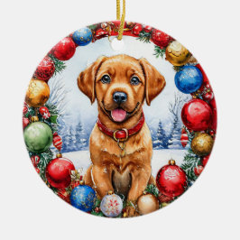 Ornamento De Cerâmica Cachorrinho Adorável Rodeado por Decorações de Nat