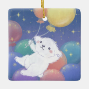 Ornamento De Cerâmica Cachorrinho Fofo com Balões & Estrelas