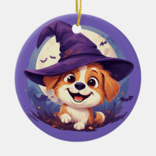 Ornamento De Cerâmica Cachorro Adorável com Chapéu de Bruxa