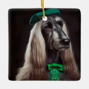 Ornamento De Cerâmica Cachorro afegão vestido para o Dia de São Patrício