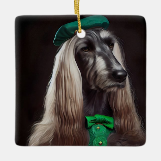 Ornamento De Cerâmica Cachorro afegão vestido para o Dia de São Patrício (Frente)