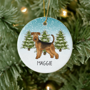 Ornamento De Cerâmica Cachorro Airedale Terrier Floresta de Inverno Neva