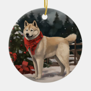 Ornamento De Cerâmica Cachorro Akita na Neve Natal