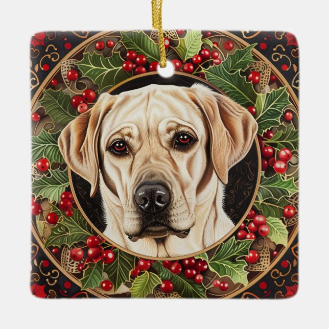 Ornamento De Cerâmica Cachorro Amarelo de Natal (Frente)
