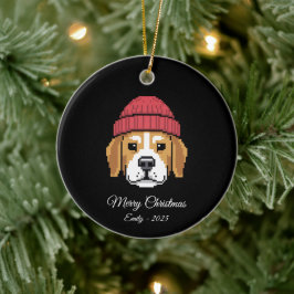Ornamento De Cerâmica Cachorro Beagle de Arte Pixel com Chapéu de Invern