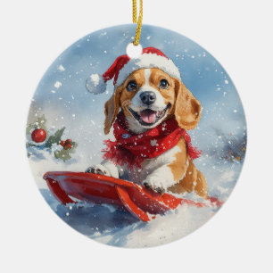 Ornamento De Cerâmica Cachorro Beagle no Trenó Dêixem Nevar Natal