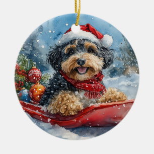 Ornamento De Cerâmica Cachorro Bernedoodle no Trenó 'Deixe Nevar' Natal