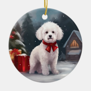 Ornamento De Cerâmica Cachorro Bichon Frise na Neve Natal