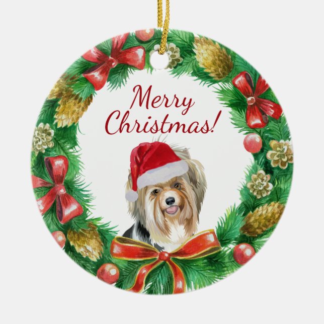 Ornamento De Cerâmica Cachorro Biewer Terrier Feliz Natal (Frente)