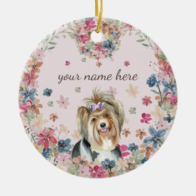 Ornamento De Cerâmica Cachorro Biewer Terrier filhote impressão de flor (Frente)