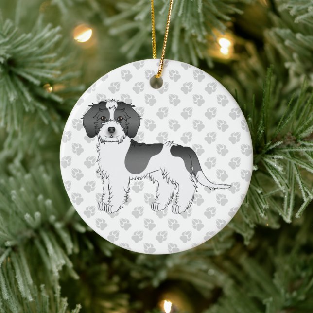 Ornamento De Cerâmica Cachorro Black Parti-color Mini Goldendoodle e Tex (Árvore)