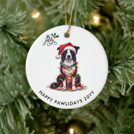 Ornamento De Cerâmica Cachorro Border Collie Envolvido em Luzes de Natal