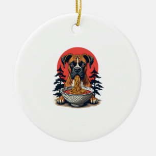 Ornamento De Cerâmica Cachorro Boxer Antigo Comendo Ramen Pôr do Sol Jap