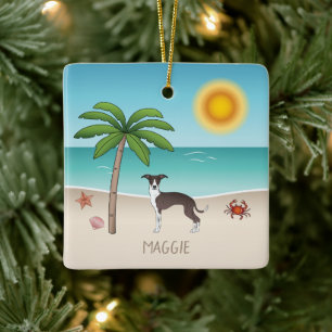 Ornamento De Cerâmica Cachorro Branca E Selo Na Praia Tropical De Verão
