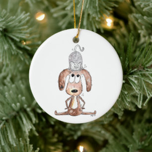 Ornamento De Cerâmica Cachorro Branco Bonito com Gato na Cabeça