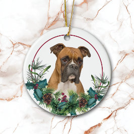 Ornamento De Cerâmica Cachorro Branco Castanho Cachorro Evergreen Wreath
