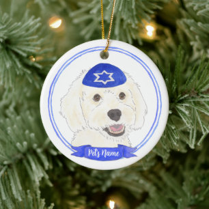 Ornamento De Cerâmica Cachorro Branco Personalizado Hanukkah