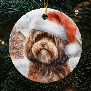 Ornamento De Cerâmica Cachorro Brown Havanese com Natal para o Papai Noe