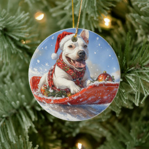 Ornamento De Cerâmica Cachorro Bull Terrier no Trenó Deixe Nevar Natal