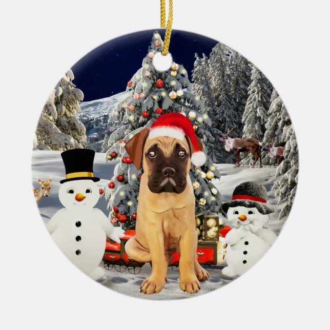 Ornamento De Cerâmica Cachorro Bullmastiff na neve, Natal Luzes de Chapé (Frente)