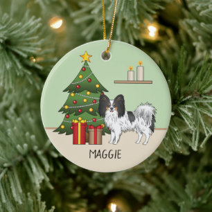 Ornamento De Cerâmica Cachorro Cartoon Papillon Tricolor Ao Pé De Uma Ár