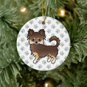 Ornamento De Cerâmica Cachorro Chihuahua de Capa Longa Chocolate e Bege 