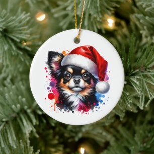 Ornamento De Cerâmica Cachorro Chihuahua no Natal de Santa Hat