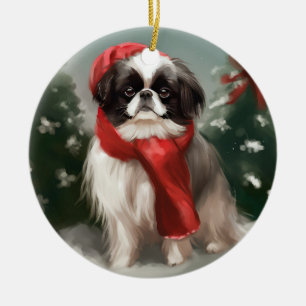 Ornamento De Cerâmica Cachorro Chin Japonês no Natal com Neve 