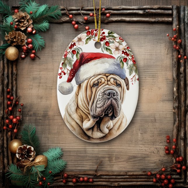 Ornamento De Cerâmica Cachorro chinês Shar-Pei Holly Berry Natal (Criador carregado)