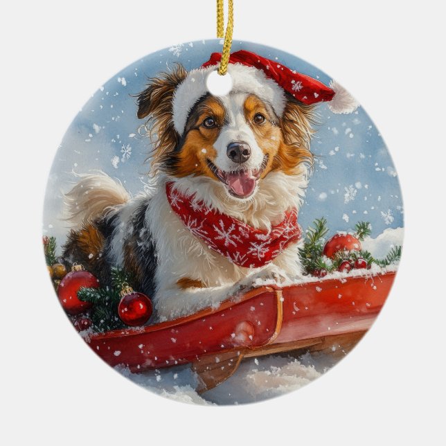 Ornamento De Cerâmica Cachorro Collie em Sledge Deixe-o nevar no Natal (Frente)