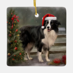 Ornamento De Cerâmica Cachorro Collie Fronteira no Natal da neve