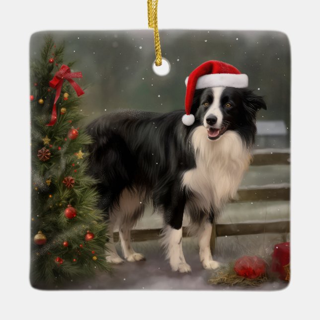 Ornamento De Cerâmica Cachorro Collie Fronteira no Natal da neve (Frente)