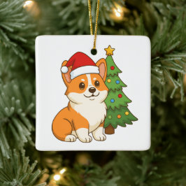 Ornamento De Cerâmica Cachorro Corgi Fofo com um Chapéu Vermelho com Árv