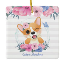 Cachorro Corgi Fofo Coroa de Flores Borboleta Azul